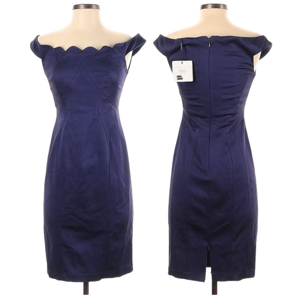 NWT ZAC Zac Posen Daniella Scalloped Ocean Floor Navy Off Shoulder Sheath Dress - Picture 3 of 12